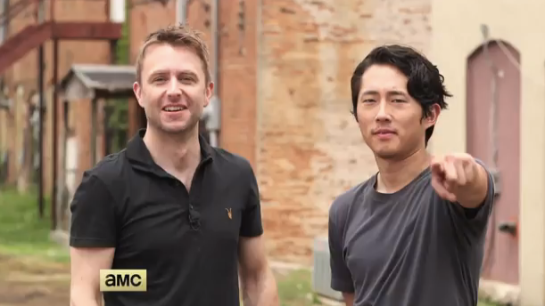 Chris Hardwick and Steven Yeun on location in Georgia, TWD Season 5. AMC 2014.